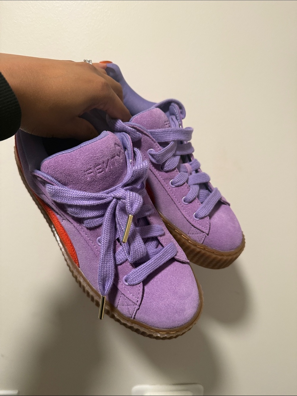 Puma Lavender Suede Platform Sneakers with Orange Stripe